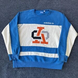 Adidas Sweatshirt Mens Medium Blue White Trefoil Colorblock Crewneck Fleece
